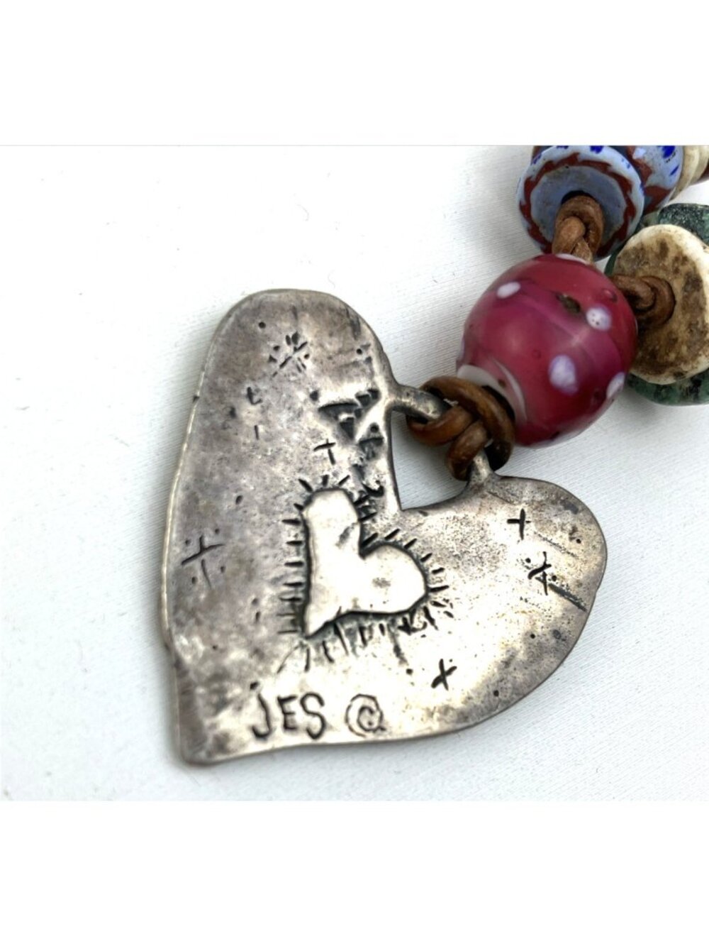 Vintage Jes Maharry Trade Bead Heart Angel Necklace